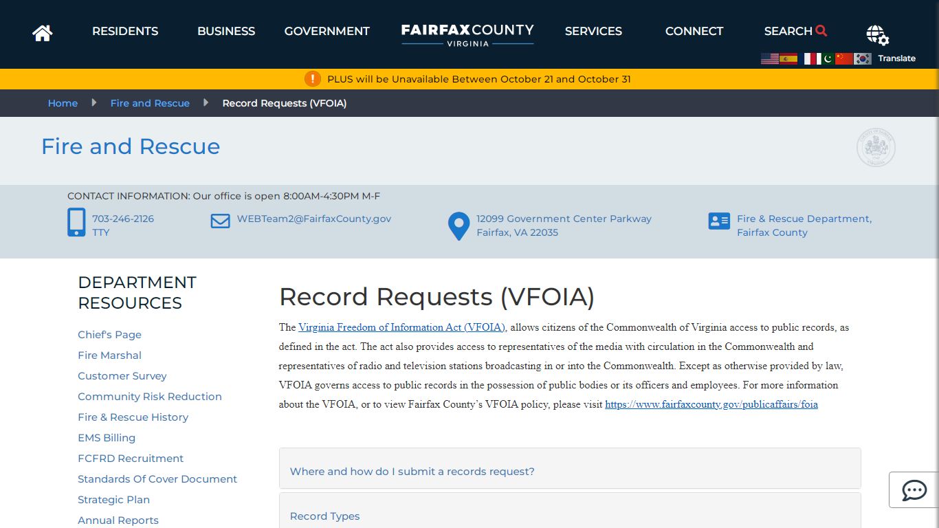 Record Requests (VFOIA) | Fire and Rescue - Fairfax County, Virginia